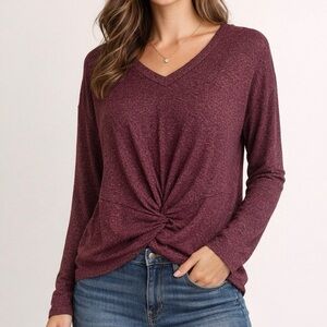 SO Twist Front Top Small V Neck Soft Stretch Rayon Maroon Long Sleeve